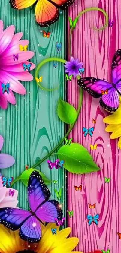 Colorful wallpaper with butterflies and flowers on a wooden texture.