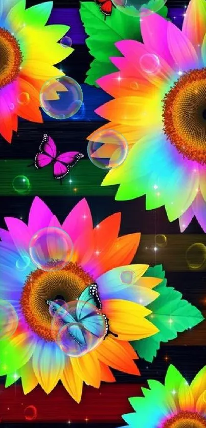 Colorful flowers and butterflies on a dark background.