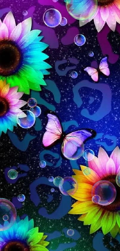 Vibrant wallpaper with colorful sunflowers, butterflies, and bubbles.