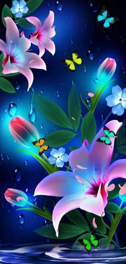 Colorful flowers and butterflies on deep blue background.