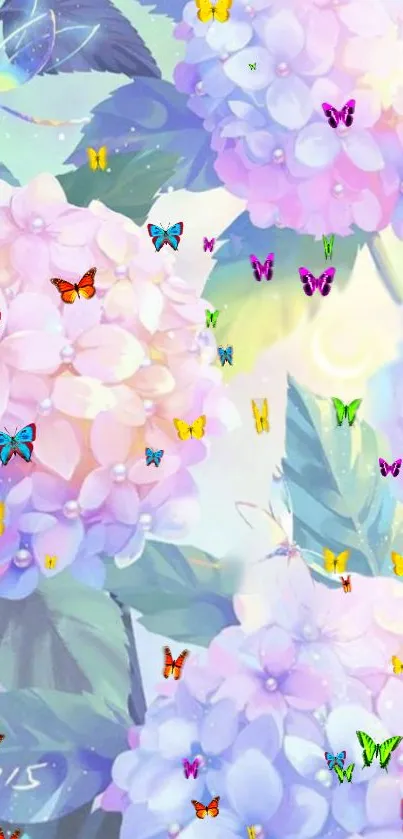 Vibrant wallpaper with pink hydrangeas and colorful butterflies on leafy background.