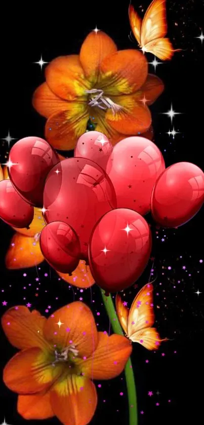 Vibrant wallpaper with red flowers and butterflies on black background.