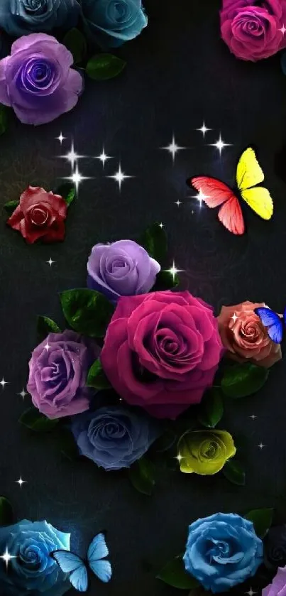 Colorful roses and butterflies on dark background.