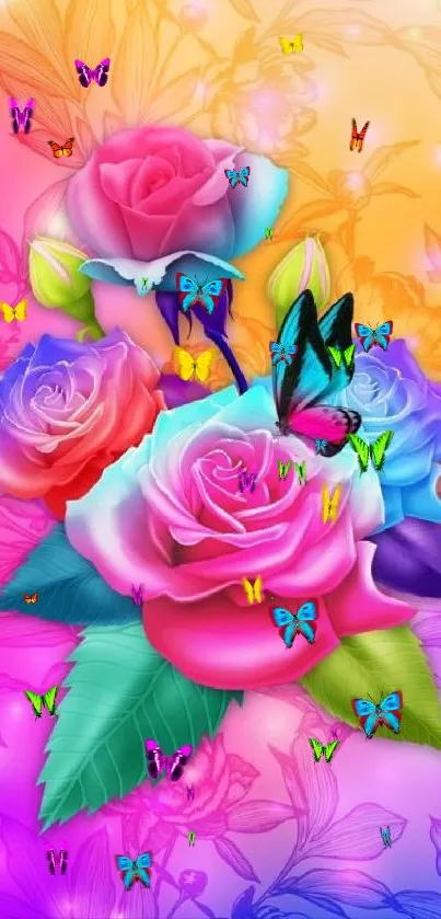 Colorful roses and butterfly wallpaper design.