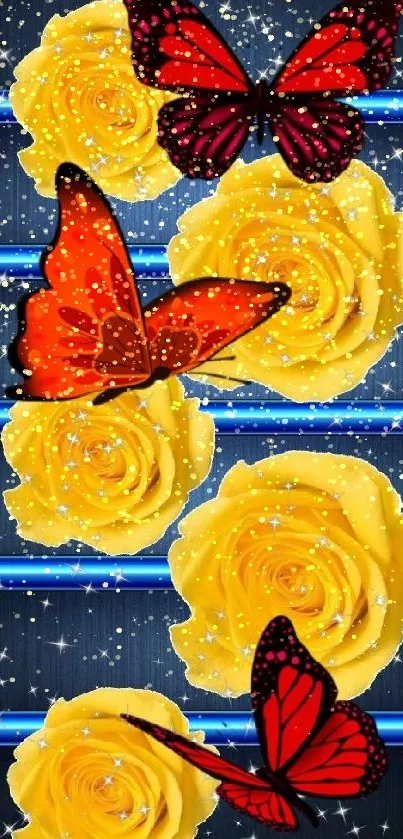 Vibrant wallpaper with yellow roses and red butterflies.