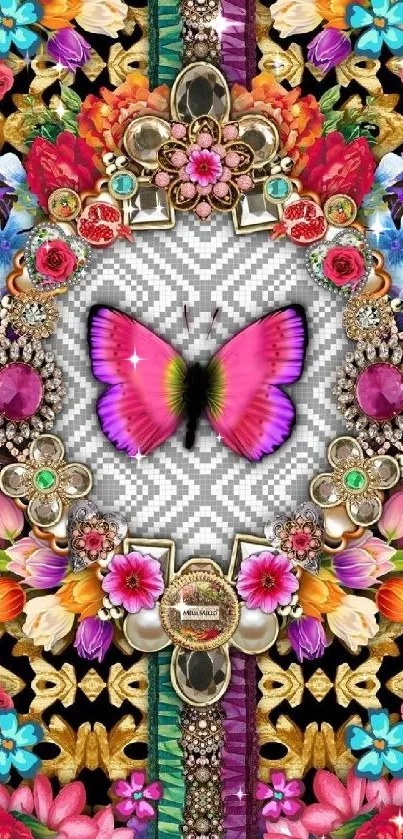 Colorful butterfly with floral designs on vibrant wallpaper.