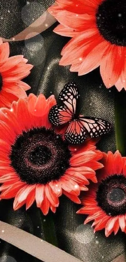 Orange flowers with butterfly on black background wallpaper.