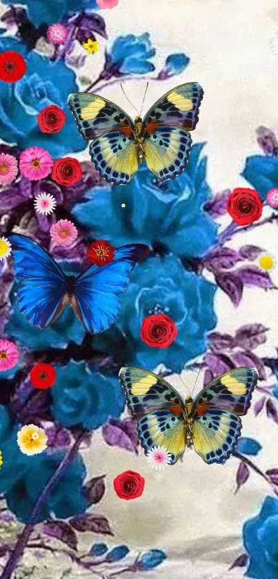 Vibrant floral wallpaper with butterflies and blue flowers.