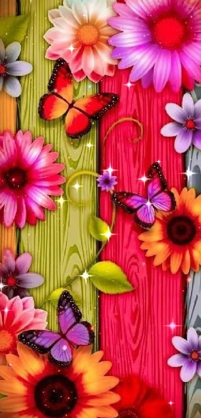 Vibrant flowers and butterflies on a colorful wooden background.