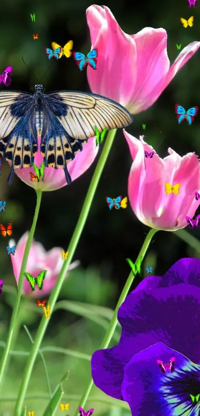 Vibrant wallpaper with pink flowers and butterflies.