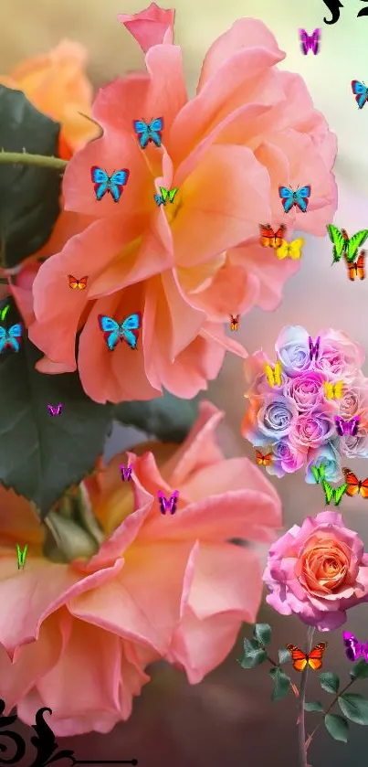 Vibrant wallpaper with orange roses and colorful butterflies.