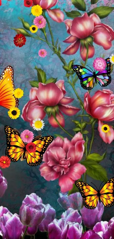 Vibrant turquoise background with flowers and colorful butterflies.