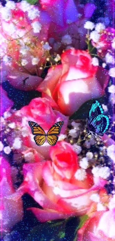 Colorful butterfly and rose floral wallpaper with vibrant design.