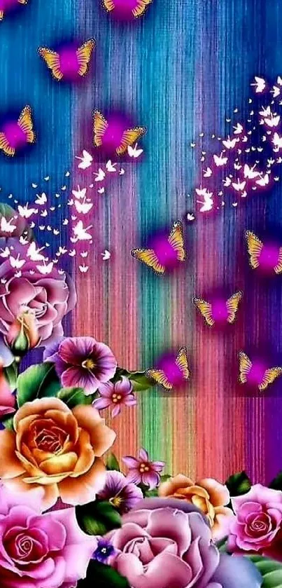 Vibrant floral butterfly wallpaper with rainbow hues.