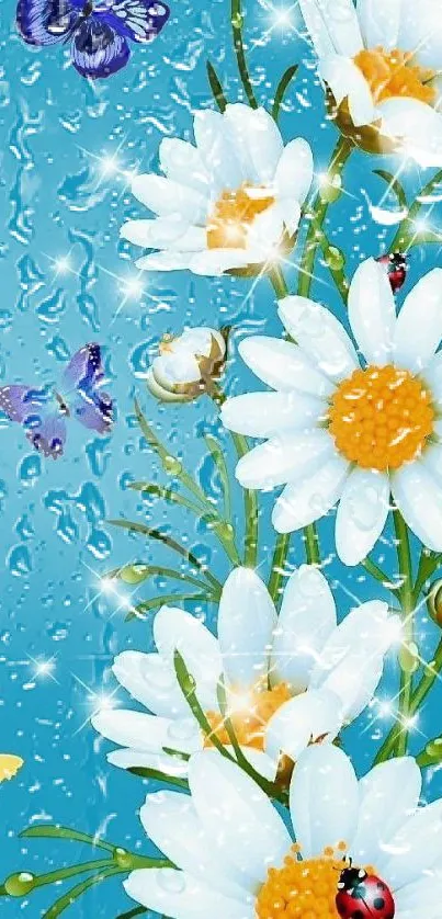 Vibrant wallpaper with daisies and butterflies on a blue background.