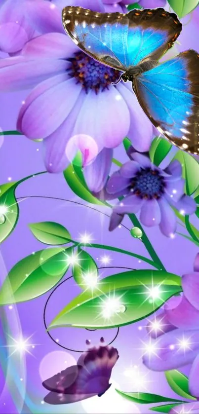 Purple floral wallpaper with blue butterfly and green leaves.