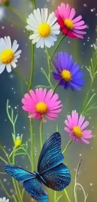 Blue butterfly with colorful flowers in nature wallpaper.