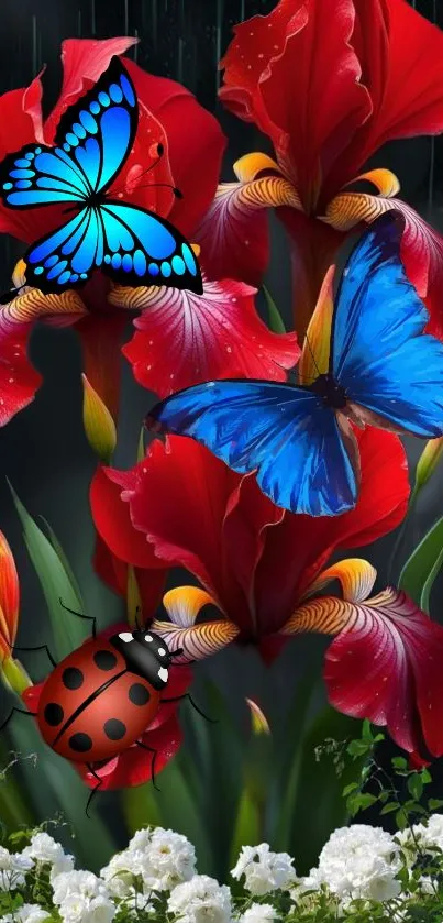 Vibrant wallpaper with red flowers, blue butterflies, and a ladybug.