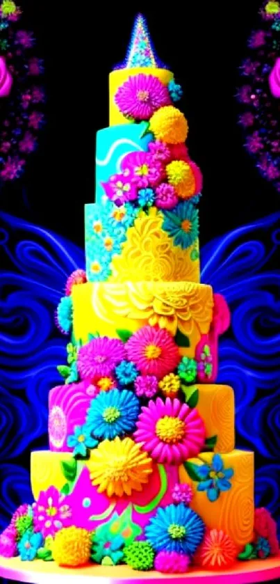 Vibrant floral cake art on a black background.