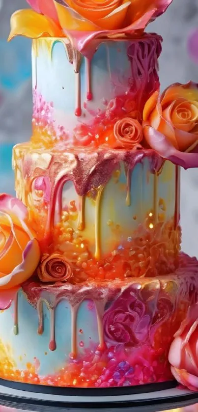 A vibrant three-tier floral cake with colorful icing and realistic flowers.