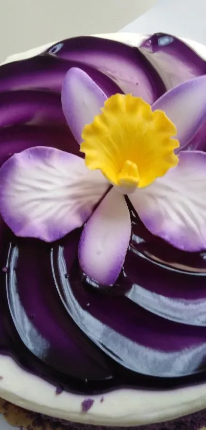 Vibrant violet flower cake with yellow center design.