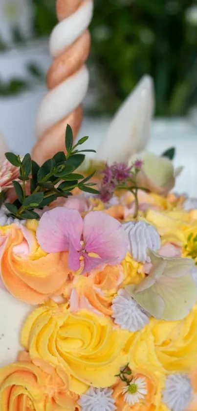 Vibrant cake with pastel florals and unicorn design.