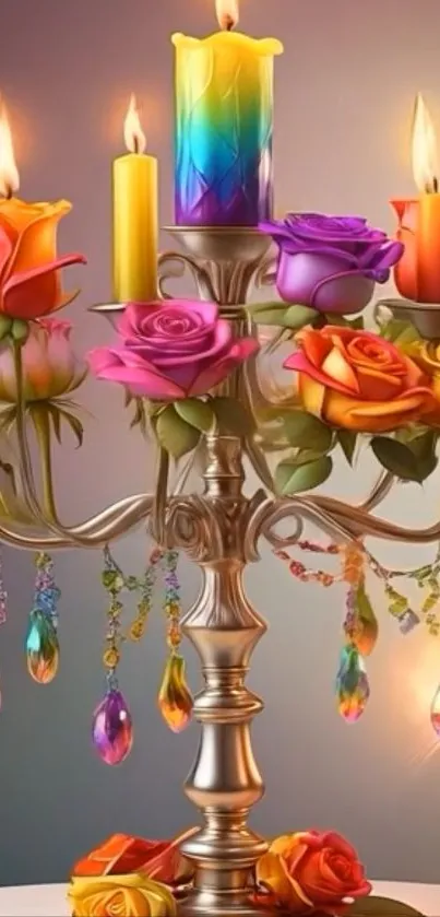 A vibrant floral candle arrangement with colorful roses and artful elegance.