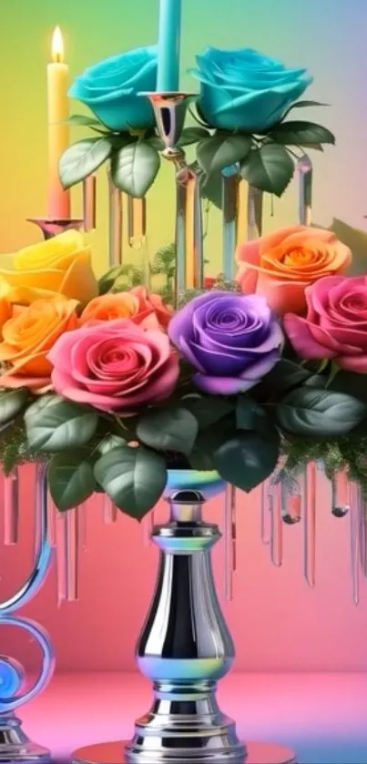 Colorful floral display with candles.