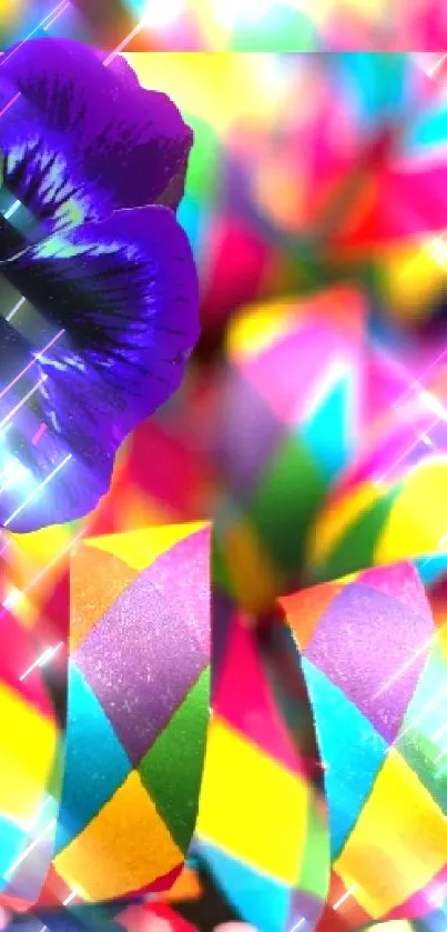 Vibrant carnival wallpaper with purple flower and colorful ribbons.