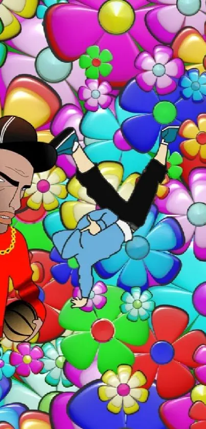 Colorful cartoon characters with vibrant floral patterns.