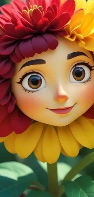Whimsical cartoon flower face with vibrant petals in a colorful design.