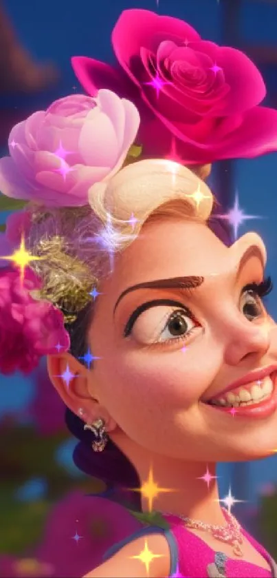 Cartoon character with a colorful flower crown and vibrant background.