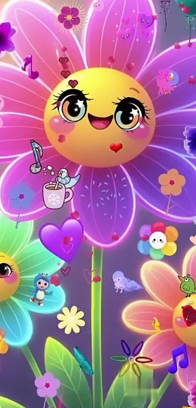Colorful cartoon flowers with happy faces design.