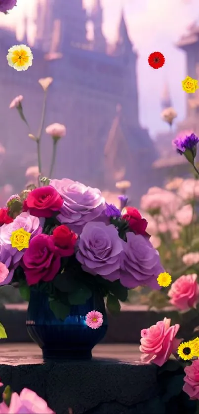 Vibrant pink and purple flowers with a castle in the background.