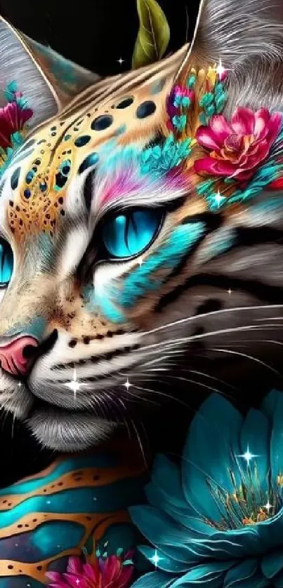 Colorful floral cat art mobile wallpaper.