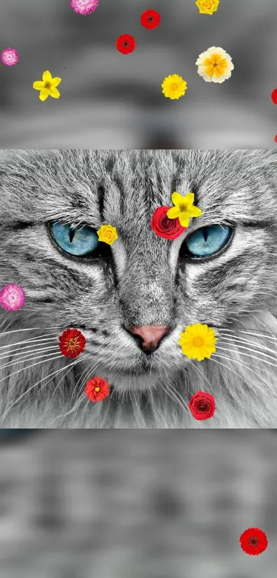 Gray cat with blue eyes adorned with colorful flowers.