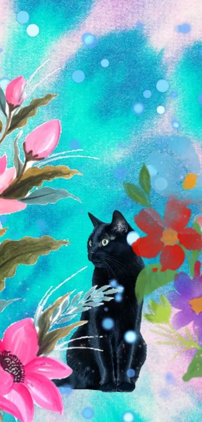 Black cat amidst colorful flowers on turquoise background.