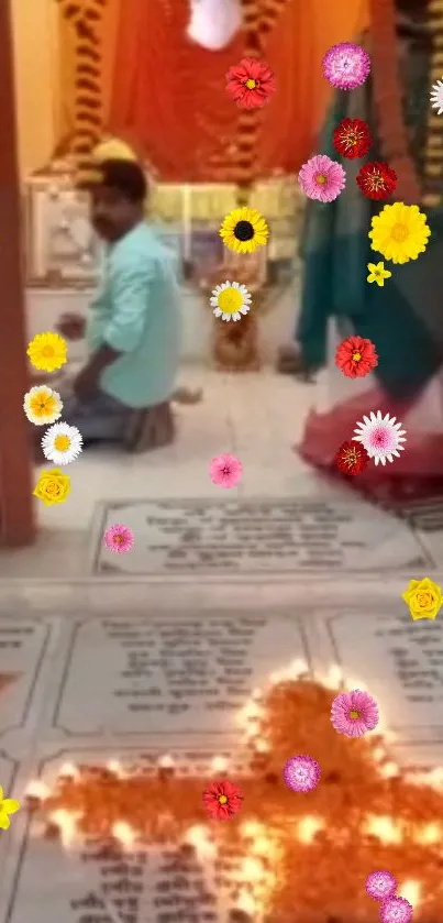 Colorful flowers at a traditional ceremony with vibrant decor.