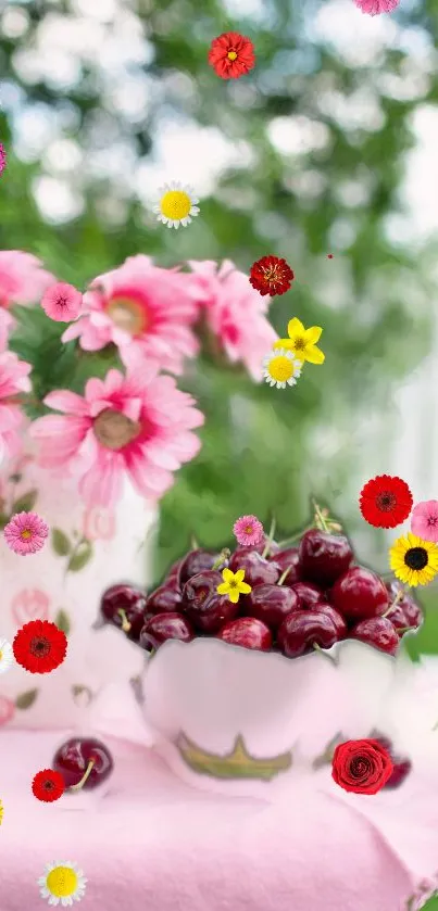 Pink flowers with cherries and blossoms in nature scene.