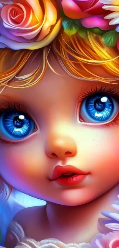 Colorful fantasy child portrait with blue eyes and floral elements.