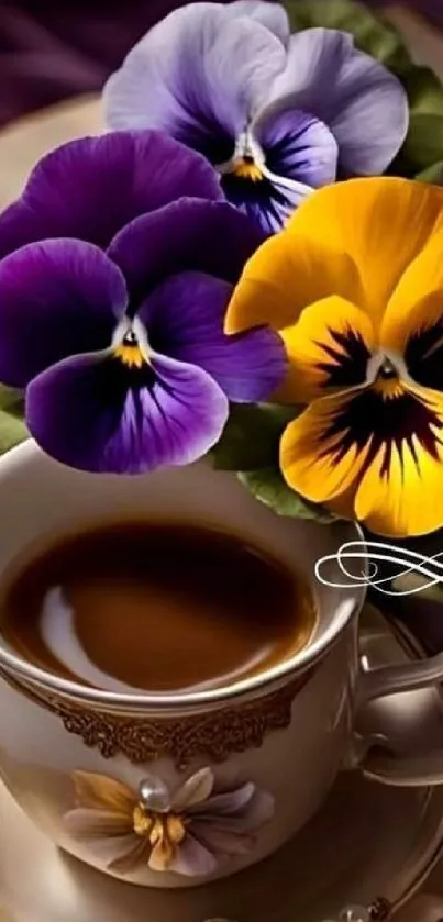 Elegant purple pansies with a coffee cup on a stylish table setting.