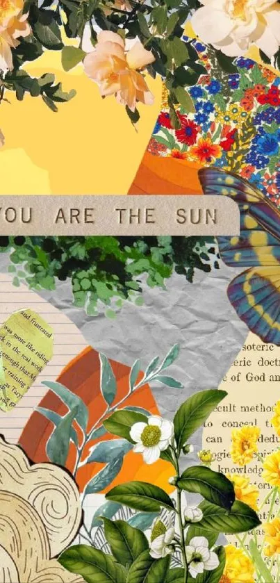 Vibrant nature collage wallpaper with flowers and a butterfly.