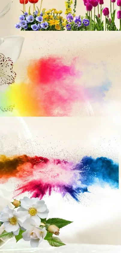 Vibrant floral wallpaper with colorful bursts and elegant flower arrangement.