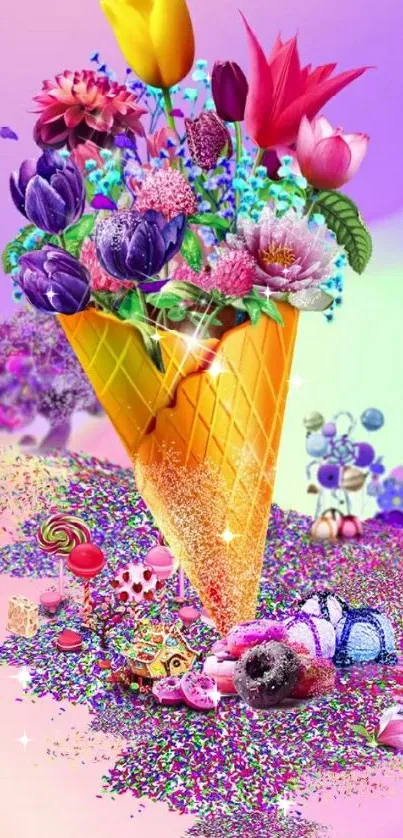 Vibrant floral cone with colorful flowers and pastel background.