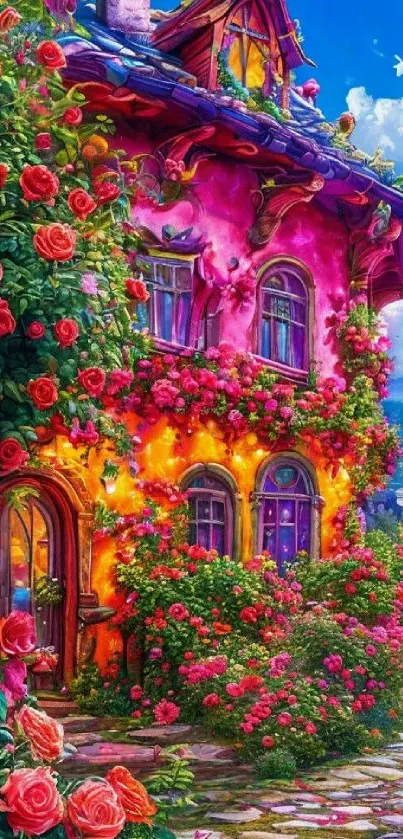 Vibrant floral cottage with lush garden and pink walls.