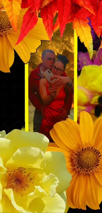 Couple surrounded by vibrant flowers and autumn leaves on a mobile wallpaper.