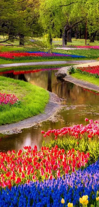 Vibrant creek with colorful tulip flowers and lush greenery.