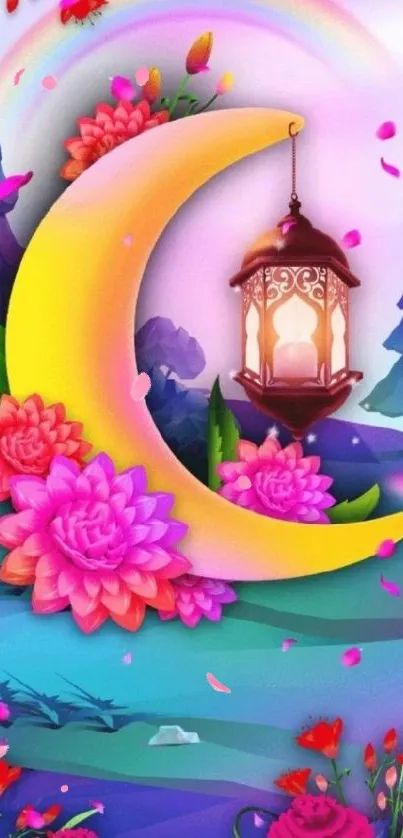 Vibrant crescent moon with flowers and lantern in a colorful landscape.