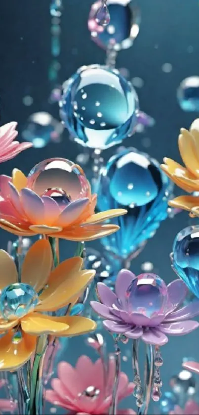 Vibrant floral wallpaper with crystal-like flowers and a blue backdrop.