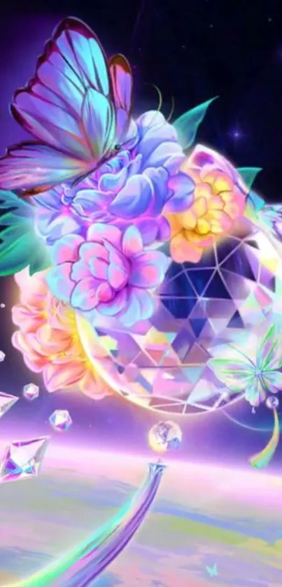 Colorful wallpaper with butterflies, flowers, and crystals in a cosmic background.